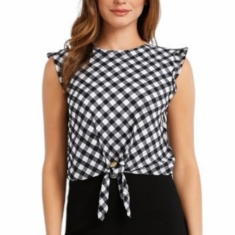 Ann Taylor Women’s Crop Tie Top Cap Sleeve Black White Check Gingham Size XL